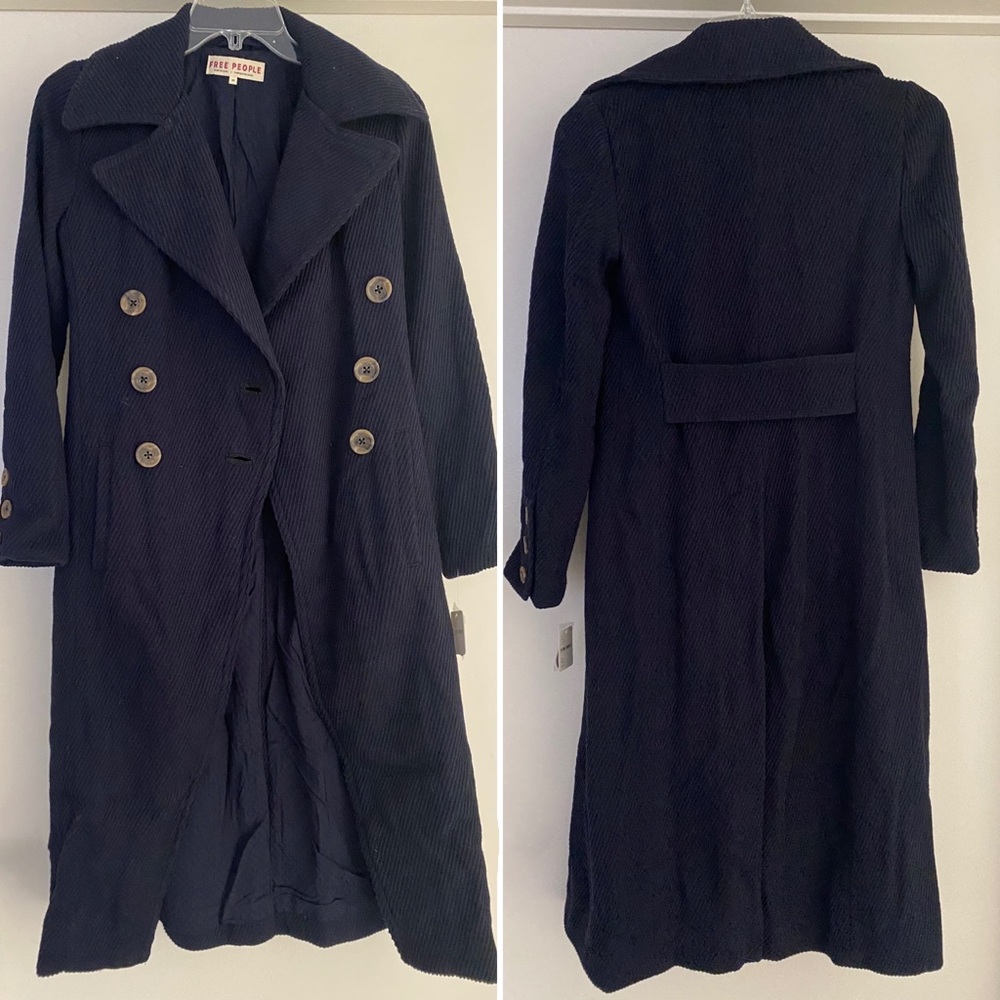Free People Double Breasted Woven Ribbed Overcoat Longline Coat NWT Navy Blue - Picture 8 of 8